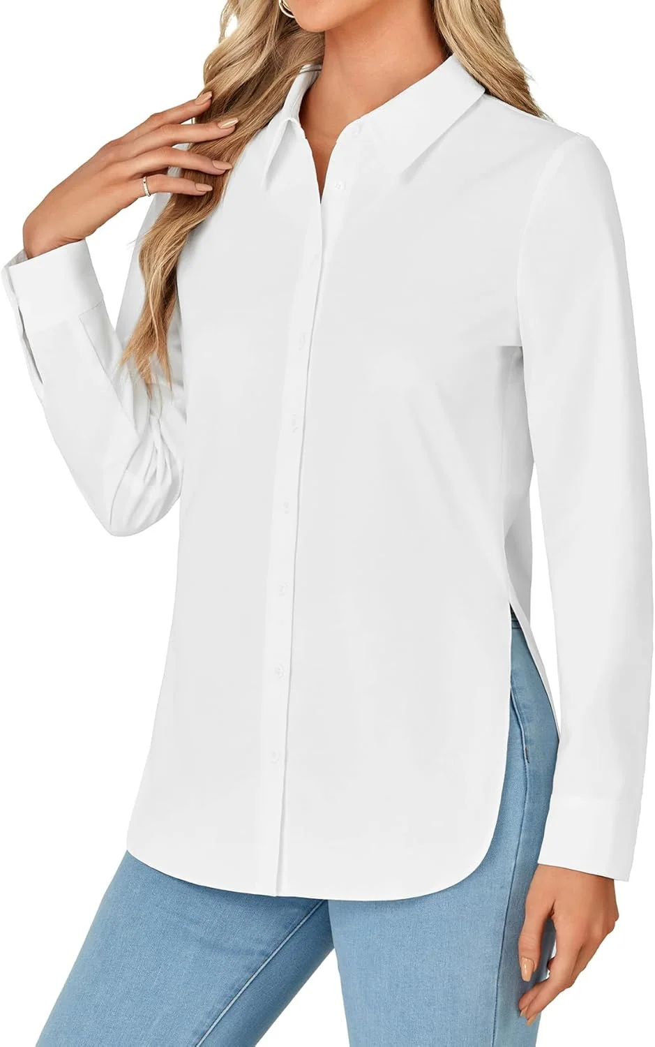 کیفوون، بلوز زنانه آستین بلند دکمه دار، یقه هفت، تونیک بغل چاک دار، مناسب استفاده روزمره