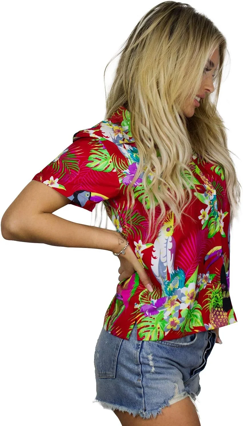 بلوز هاوایی زنانه، پیراهن دکمه دار غیر رسمی با طرح های شاد، آستین کوتاه، طرح طوطی و کاکادو