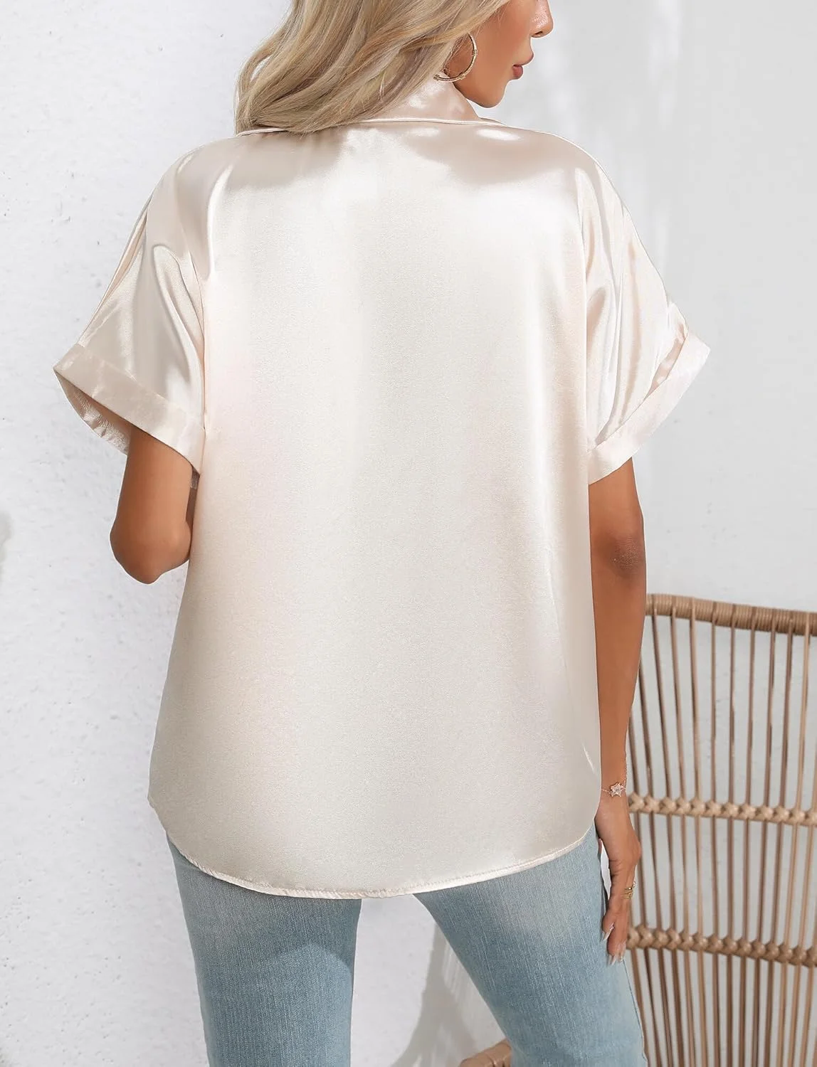 پیراهن دکمه دار ساتن زنانه KEOYA آستین کوتاه مناسب دفتر کار، بلوز یقه هفت شیک و مجلسی، تاپ های ابریشمی سبک کژوال