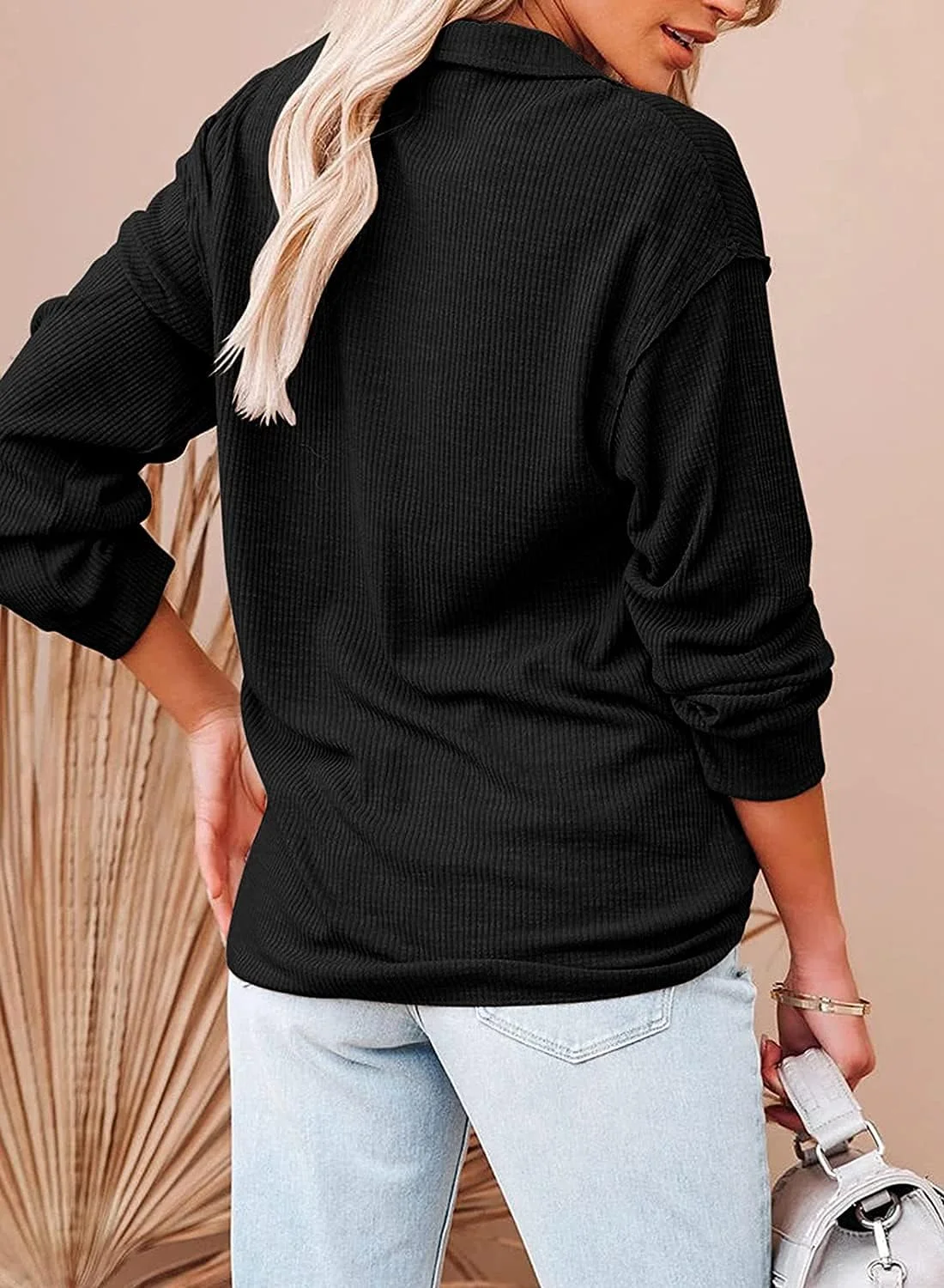 بلوز زنانه آستین بلند دکمه دار یقه هفت مدل Henley، بافتنی کبریتی، مناسب محل کار