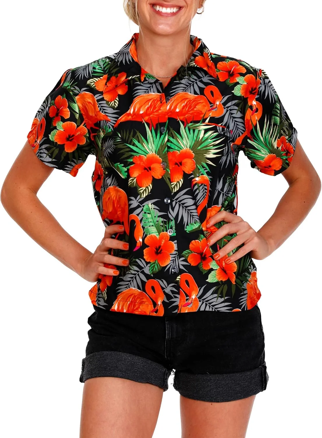 بلوز هاوایی غیر رسمی زنانه با جیب جلو، دکمه دار، آستین کوتاه، طرح گل های فلامینگو