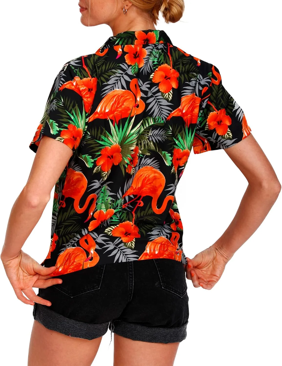 بلوز هاوایی غیر رسمی زنانه با جیب جلو، دکمه دار، آستین کوتاه، طرح گل های فلامینگو