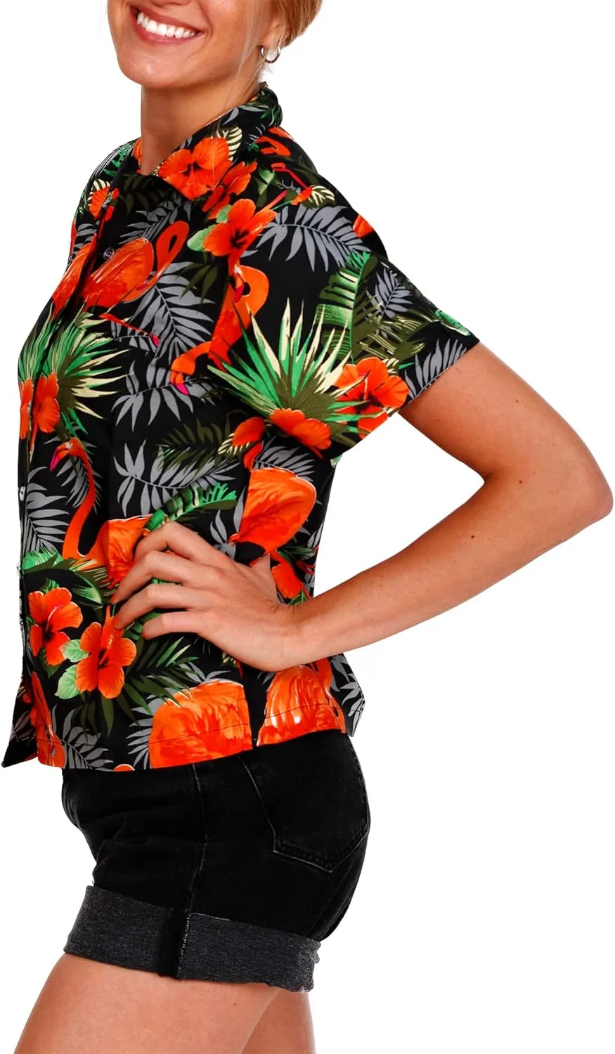 بلوز هاوایی غیر رسمی زنانه با جیب جلو، دکمه دار، آستین کوتاه، طرح گل های فلامینگو