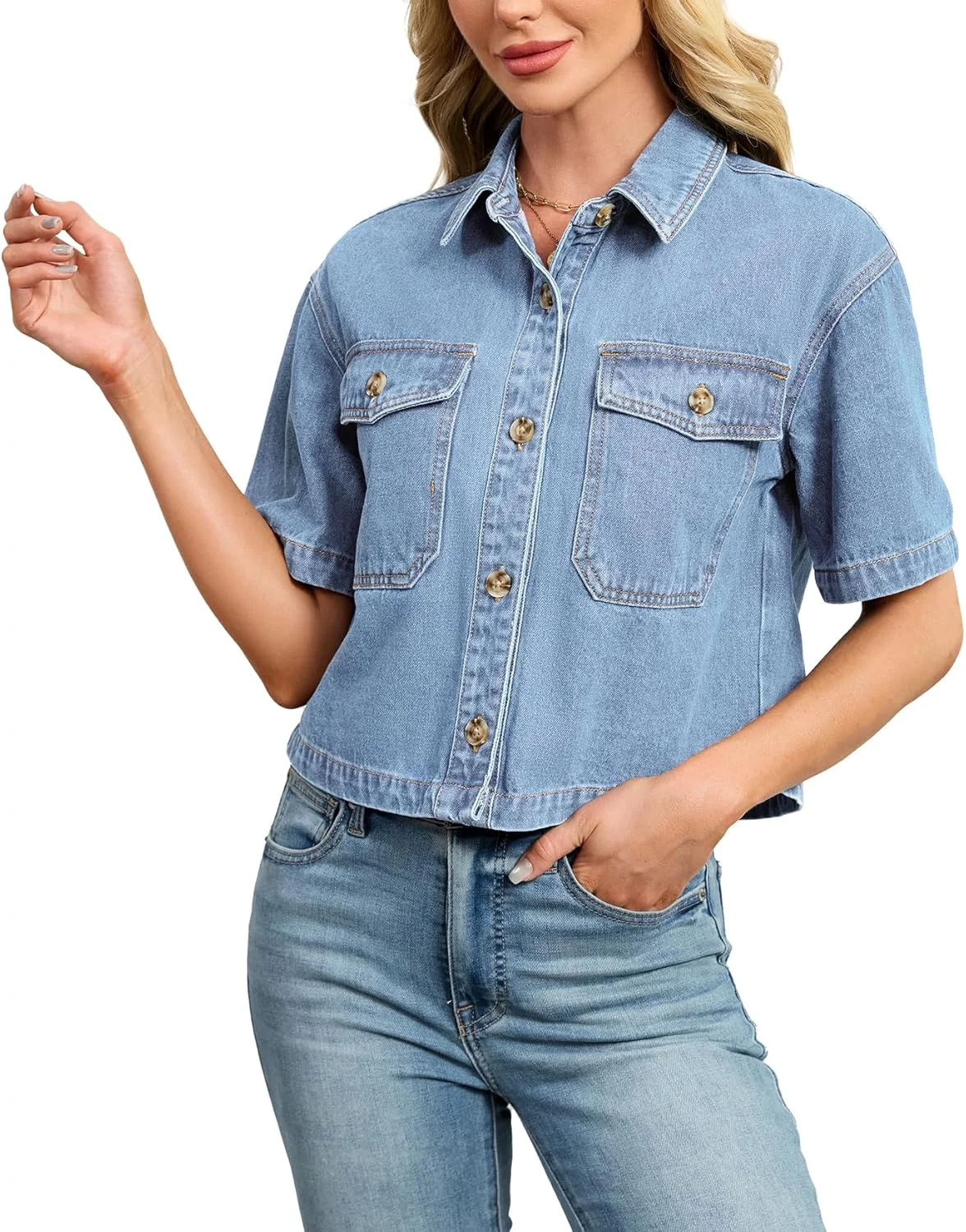 پیراهن جین کوتاه زنانه Kedera، آستین کوتاه، دکمه دار، ژاکت جین کوتاه، تاپ های جین شیک
