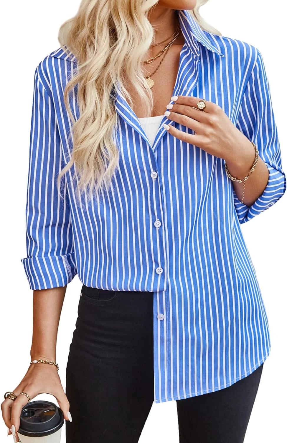 بلوزهای غیر رسمی زنانه KEOYA، پیراهن های راه راه دکمه دار، آستین بلند، مناسب کار در اداره و جلسات کاری