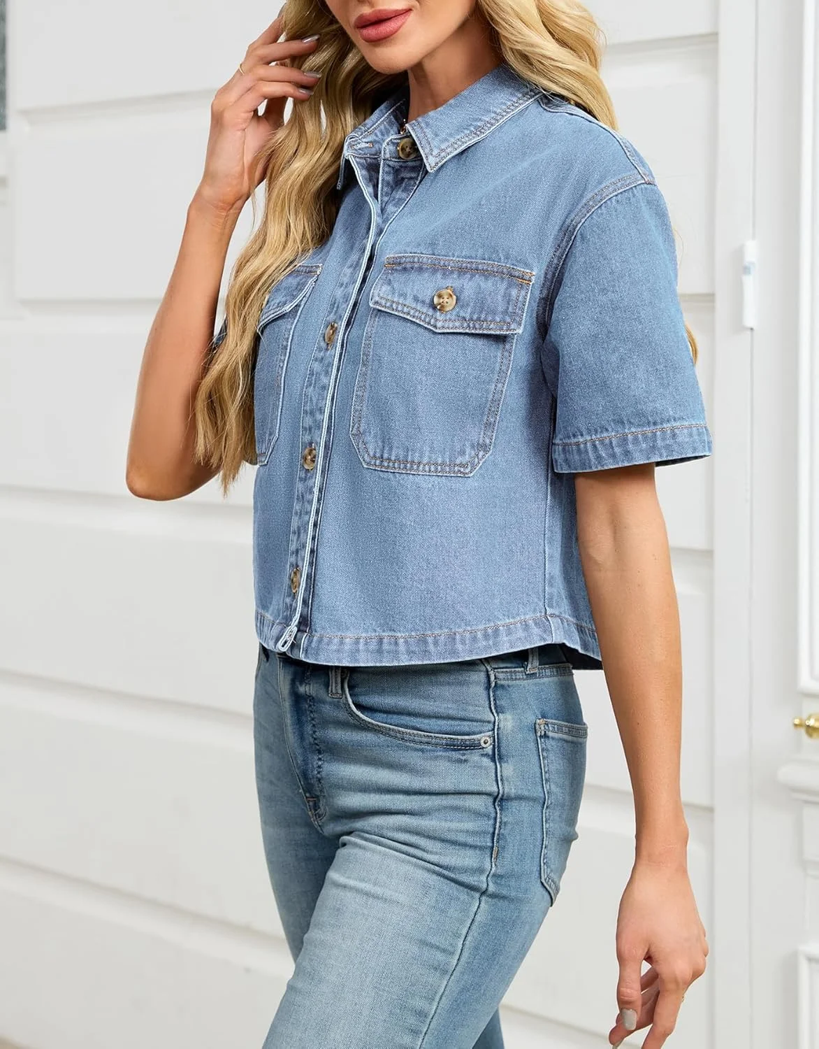 پیراهن جین کوتاه زنانه Kedera، آستین کوتاه، دکمه دار، ژاکت جین کوتاه، تاپ های جین شیک