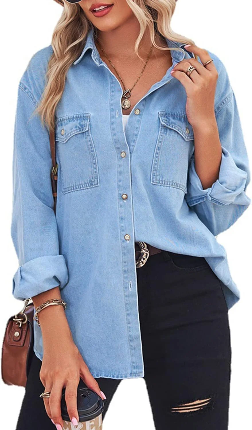 بلوز جین زنانه Kedera، آستین بلند کلاسیک/آستین قابل جمع شدن، دکمه دار، مدل غربی