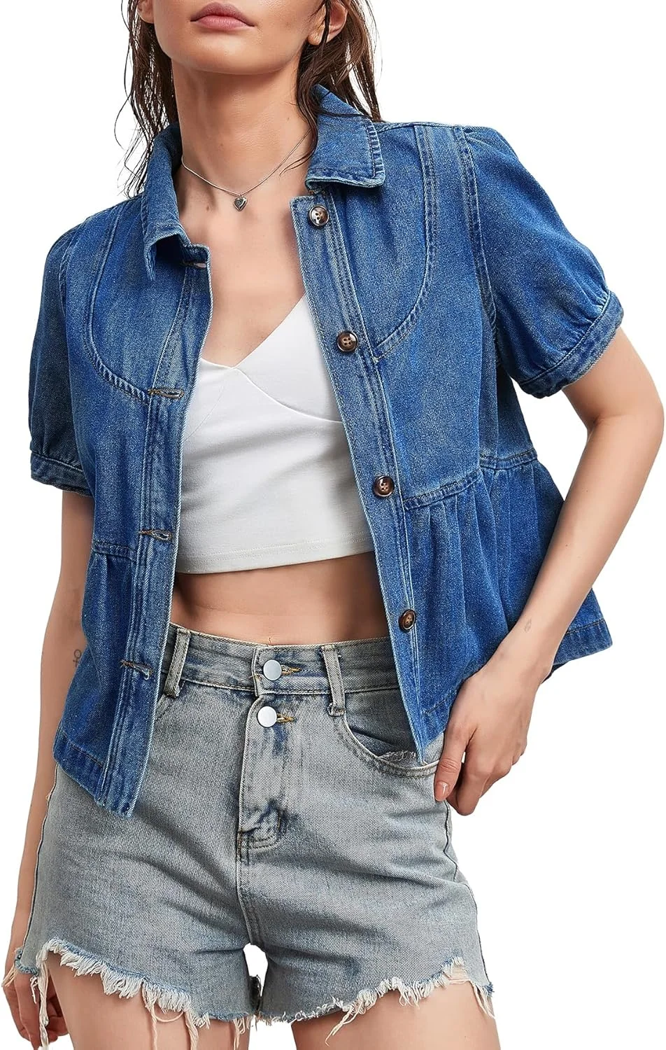 پیراهن جین زنانه Kedera، آستین کوتاه، یقه پیتر پن، مدل دکمه دار و حاشیه چین دار