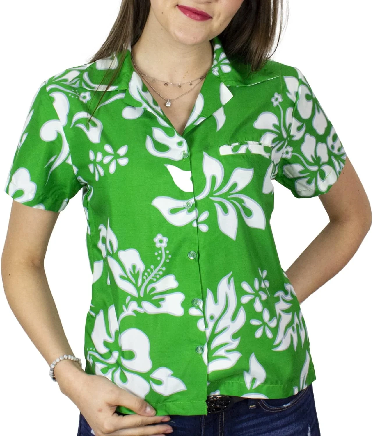 بلوز هاوایی زنانه JK-Funky، آستین کوتاه دکمه دار، طرح گل، قبیله ای، آلوها، چاپ گل ختمی