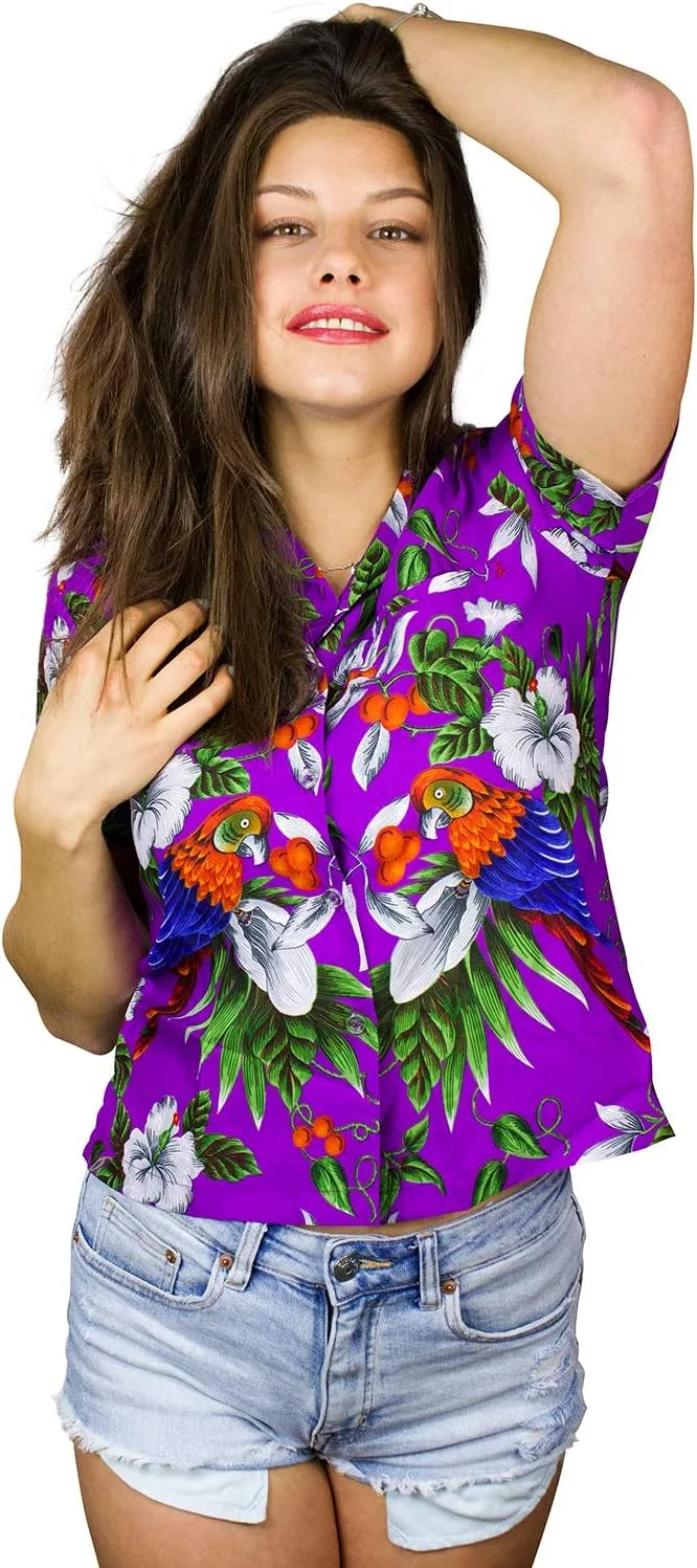 بلوز-پیراهن آستین کوتاه زنانه JK دکمه دار غیر رسمی تعطیلات هاوایی طرح شکوفه های گیلاس و طوطی