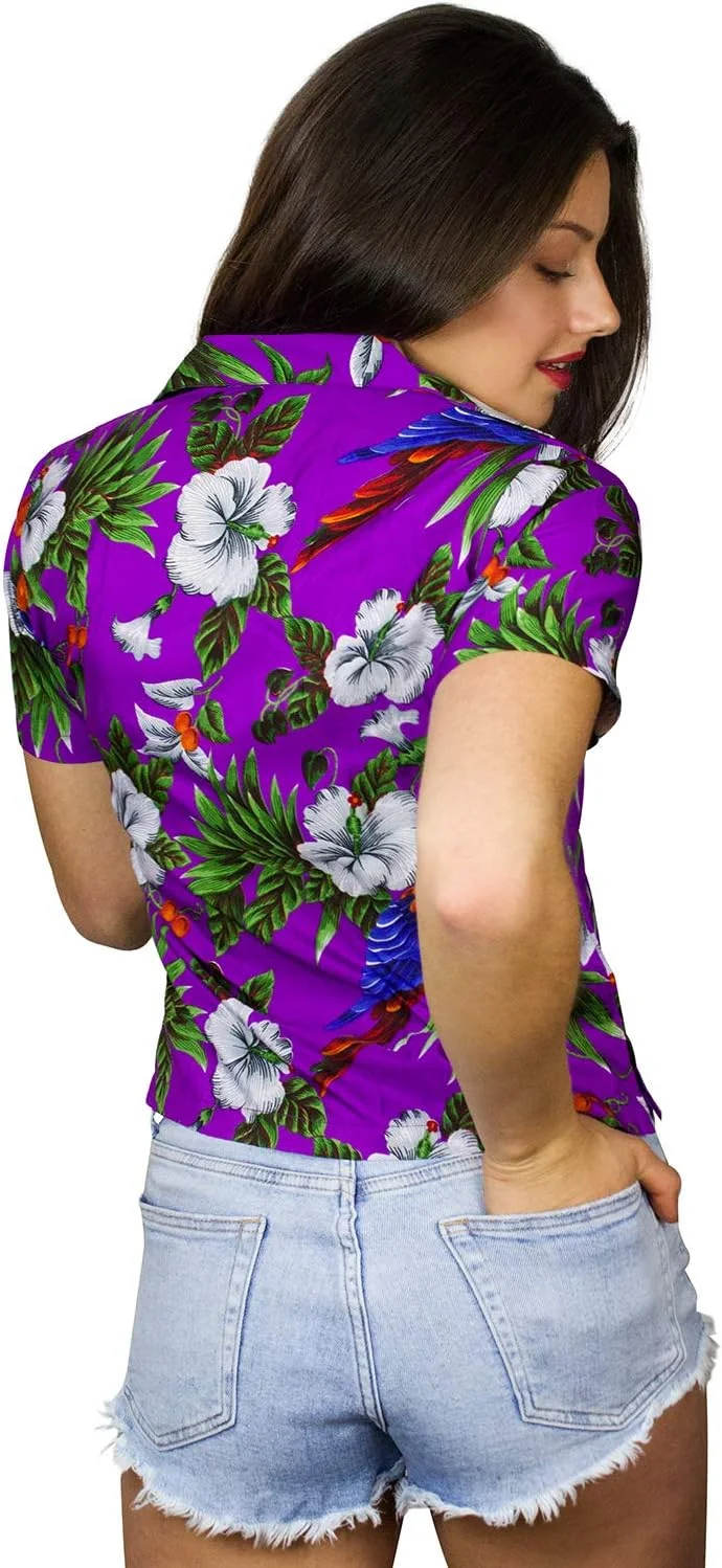 بلوز-پیراهن آستین کوتاه زنانه JK دکمه دار غیر رسمی تعطیلات هاوایی طرح شکوفه های گیلاس و طوطی