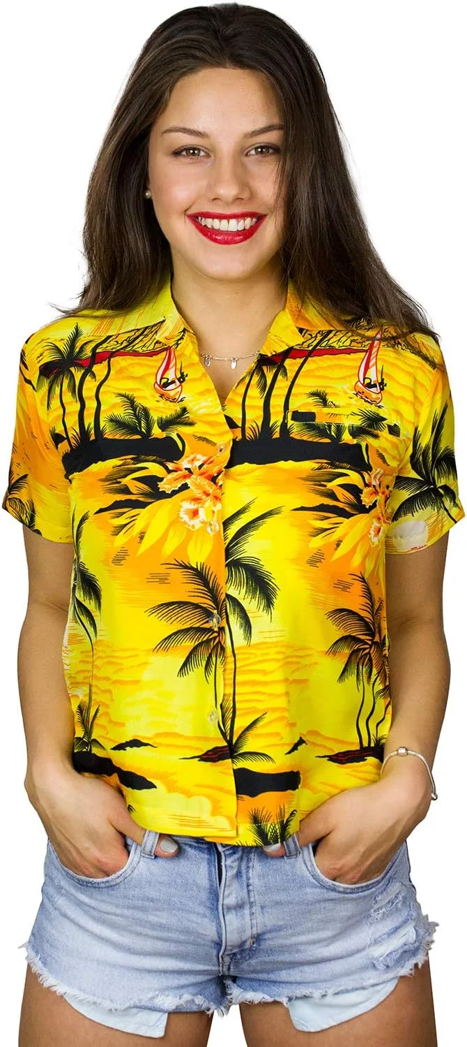 بلوز هاوایی زنانه کینگ کامهاما، طرح دار، آستین کوتاه، دکمه دار، جیب دار، مناسب برای استفاده روزمره