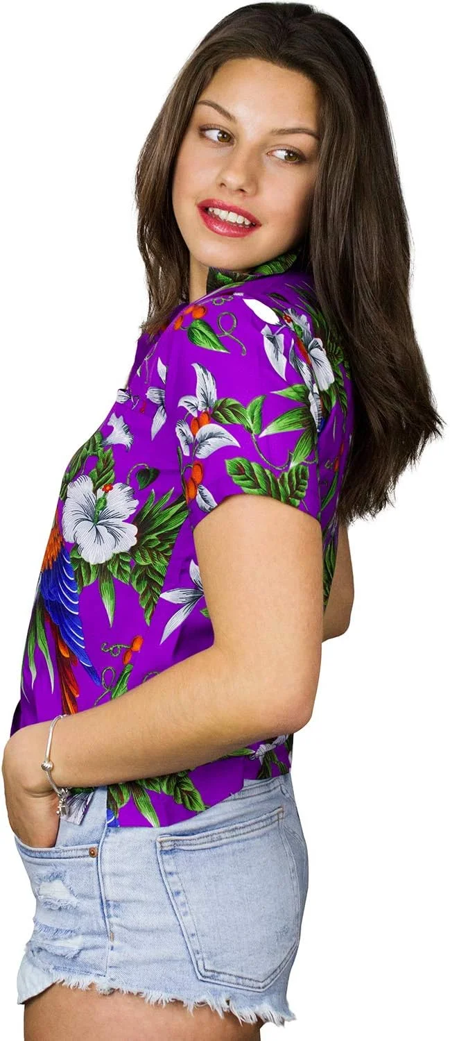 بلوز-پیراهن آستین کوتاه زنانه JK دکمه دار غیر رسمی تعطیلات هاوایی طرح شکوفه های گیلاس و طوطی