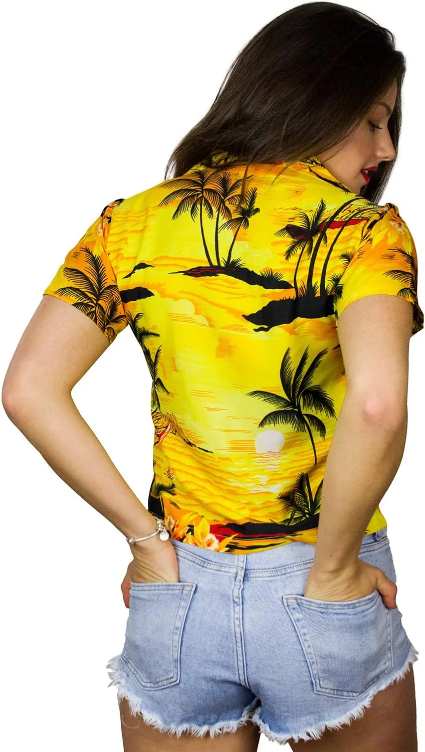 بلوز هاوایی زنانه کینگ کامهاما، طرح دار، آستین کوتاه، دکمه دار، جیب دار، مناسب برای استفاده روزمره