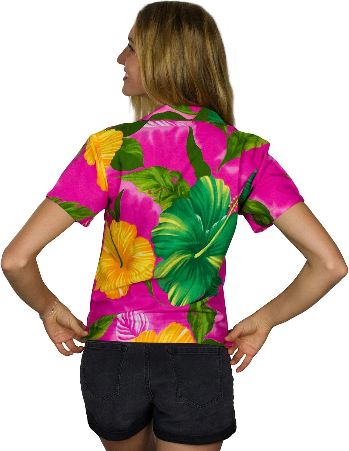 بلوز آستین کوتاه زنانه طرح هاوایی، مناسب تابستان، غیر رسمی، دارای جیب جلویی، طرح گل های بزرگ در سراسر بلوز