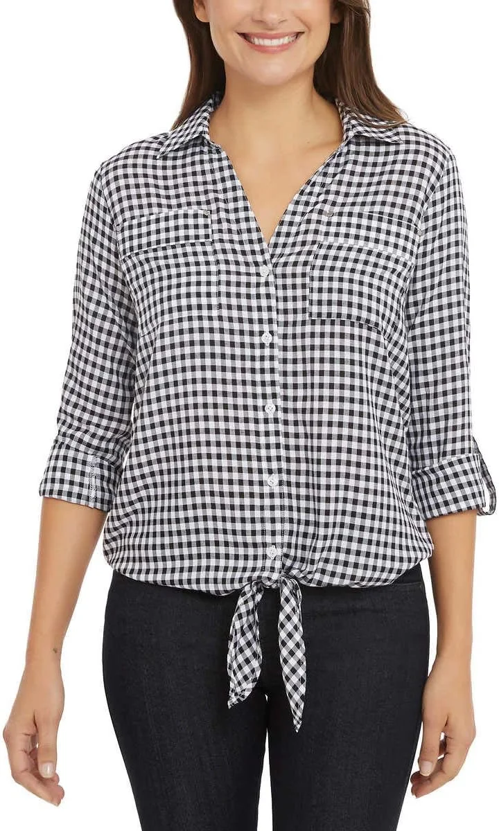 بلوز زنانه جونز نیویورک مدل گره دار دکمه دار (طرح گینگام مشکی، سایز M)