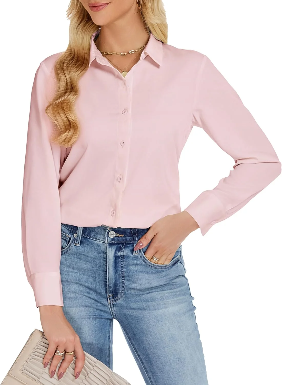 پیراهن دکمه دار زنانه JTD، آستین بلند، یقه دار، مناسب کار، اداره، بلوزهای غیر رسمی، تاپ شیفون