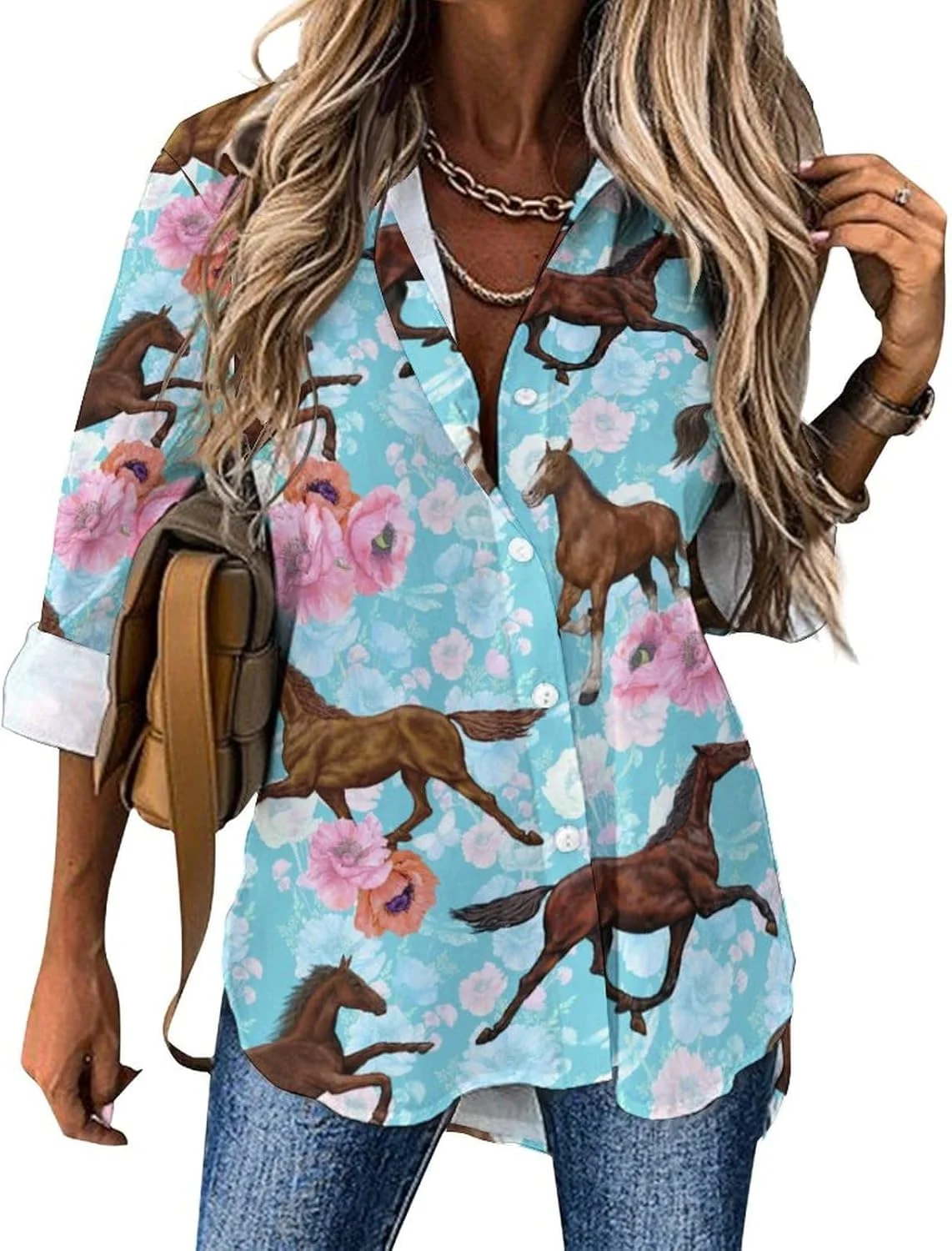 پیراهن دکمه دار زنانه JOJOART آستین بلند با لبه نامنظم، بلوز یقه هفت غیر رسمی و شیک