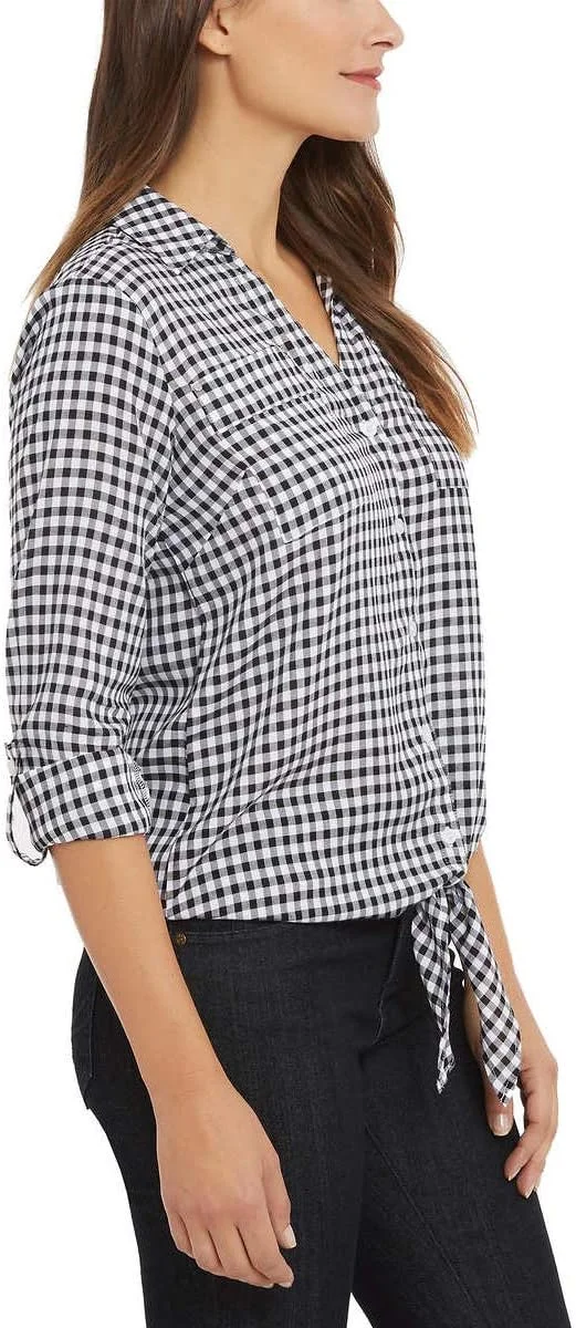 بلوز زنانه جونز نیویورک مدل گره دار دکمه دار (طرح گینگام مشکی، سایز M)