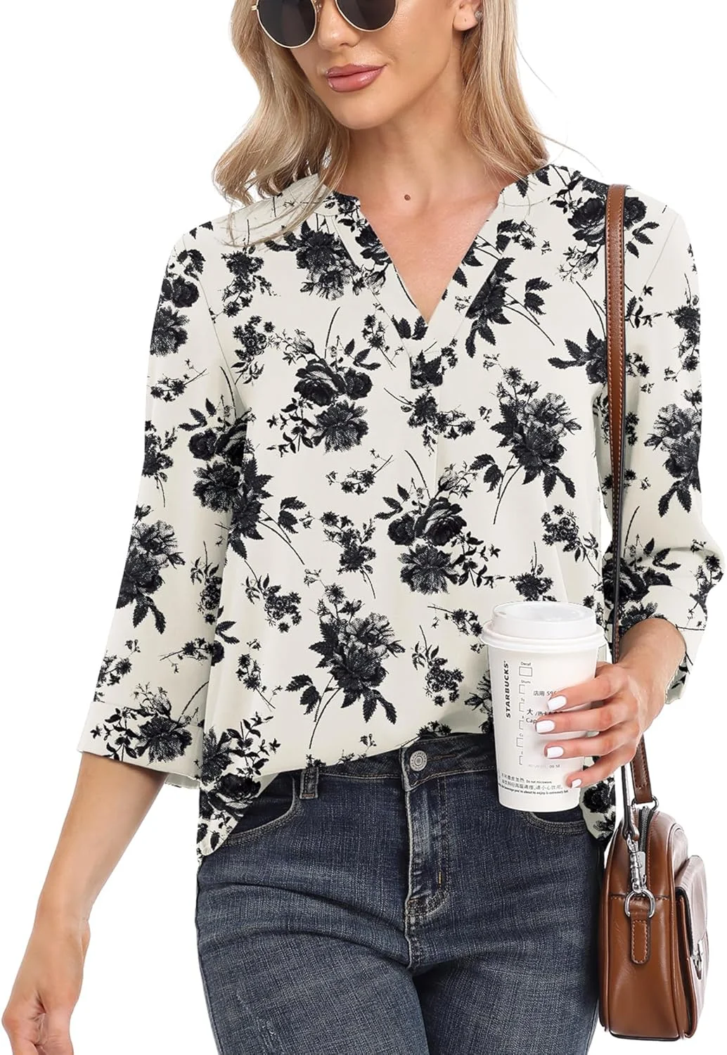 Jouica تاپ زنانه، بلوزهای شیفون غیر رسمی، آستین سه ربع، یقه هفت، تونیک گشاد