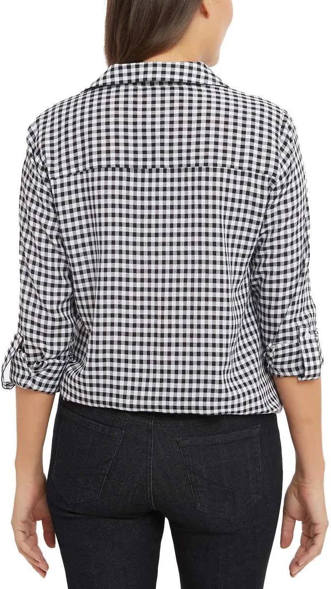 بلوز زنانه جونز نیویورک مدل گره دار دکمه دار (طرح گینگام مشکی، سایز M)