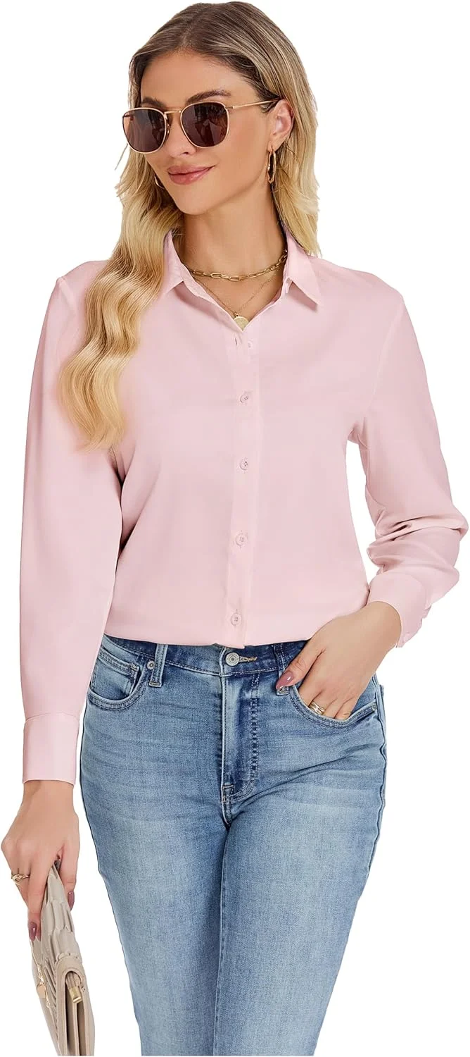 پیراهن دکمه دار زنانه JTD، آستین بلند، یقه دار، مناسب کار، اداره، بلوزهای غیر رسمی، تاپ شیفون