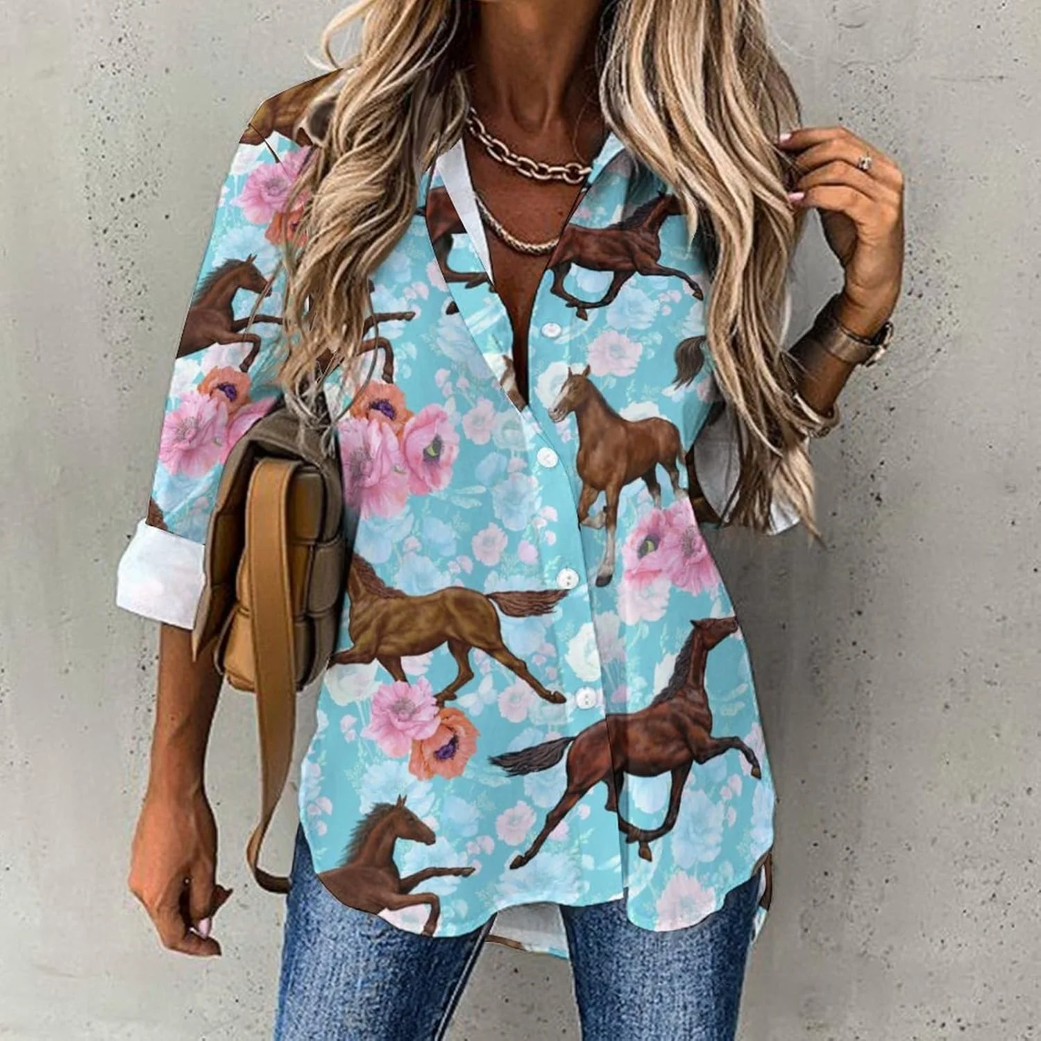 پیراهن دکمه دار زنانه JOJOART آستین بلند با لبه نامنظم، بلوز یقه هفت غیر رسمی و شیک