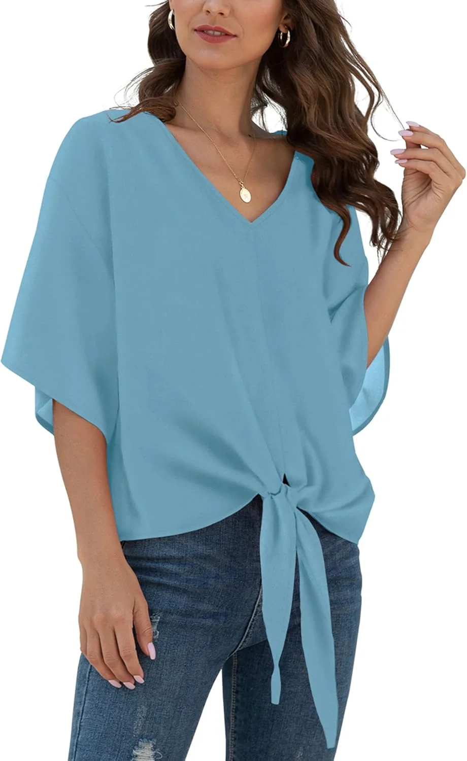 Jouica بلوزهای زنانه کرپ حریر گره ای جلو یقه هفت آستین خفاشی آستین کوتاه تاپ و شومیز تابستانی