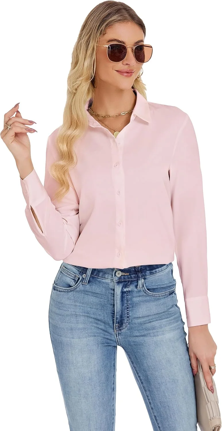 پیراهن دکمه دار زنانه JTD، آستین بلند، یقه دار، مناسب کار، اداره، بلوزهای غیر رسمی، تاپ شیفون