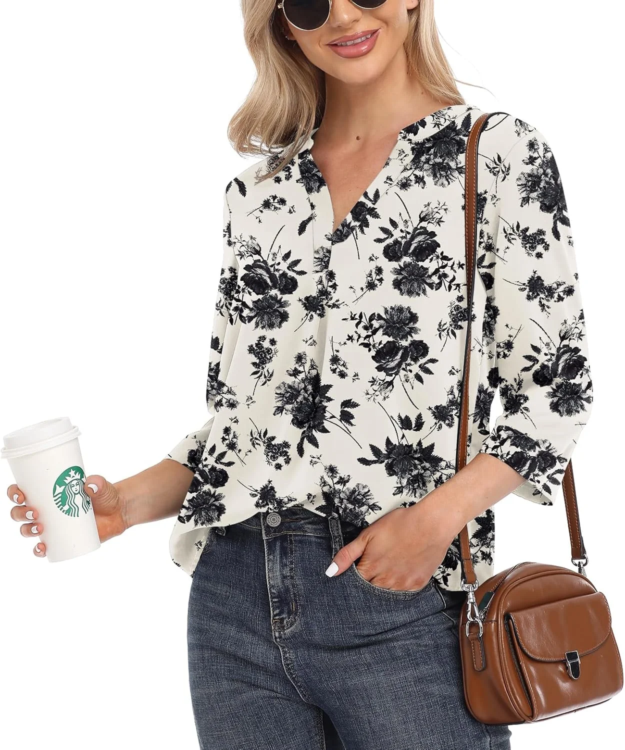 Jouica تاپ زنانه، بلوزهای شیفون غیر رسمی، آستین سه ربع، یقه هفت، تونیک گشاد