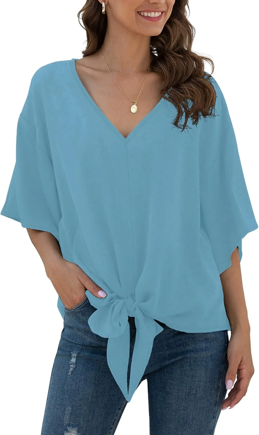 Jouica بلوزهای زنانه کرپ حریر گره ای جلو یقه هفت آستین خفاشی آستین کوتاه تاپ و شومیز تابستانی