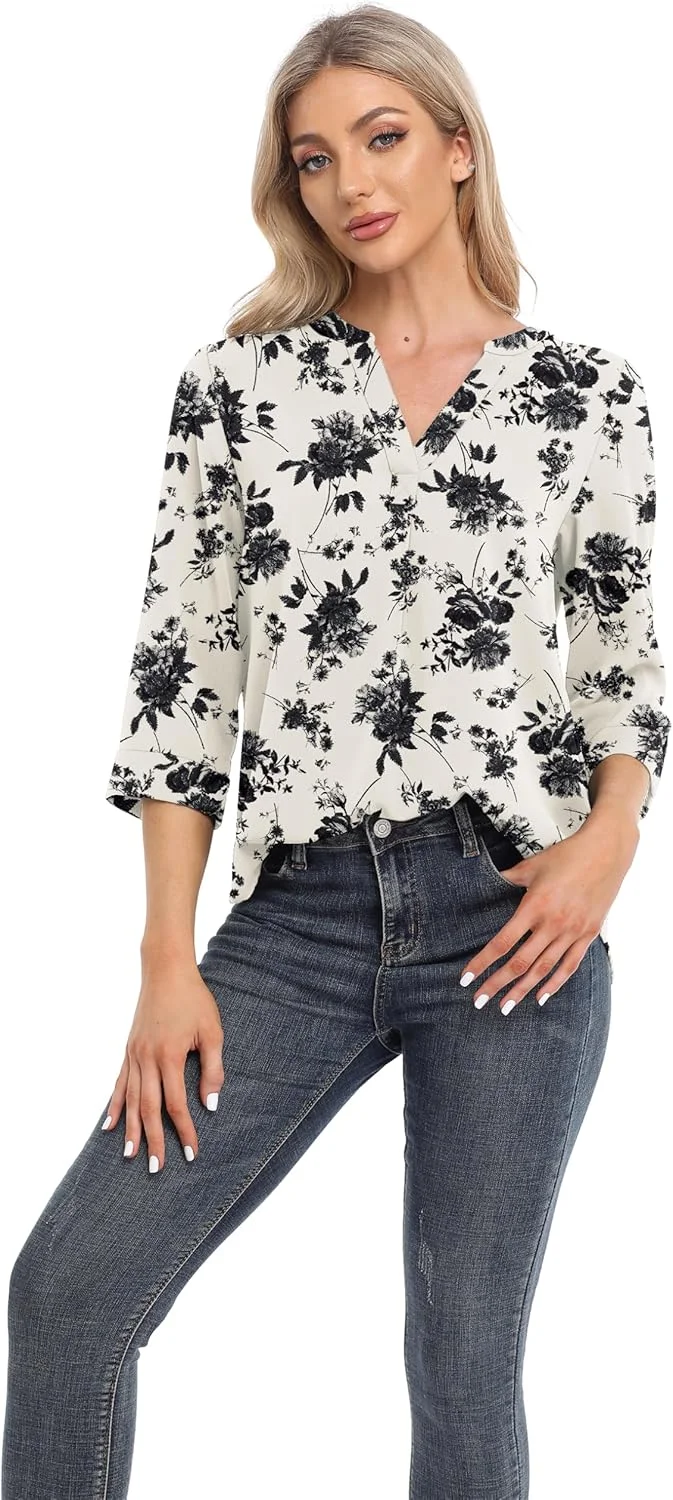 Jouica تاپ زنانه، بلوزهای شیفون غیر رسمی، آستین سه ربع، یقه هفت، تونیک گشاد