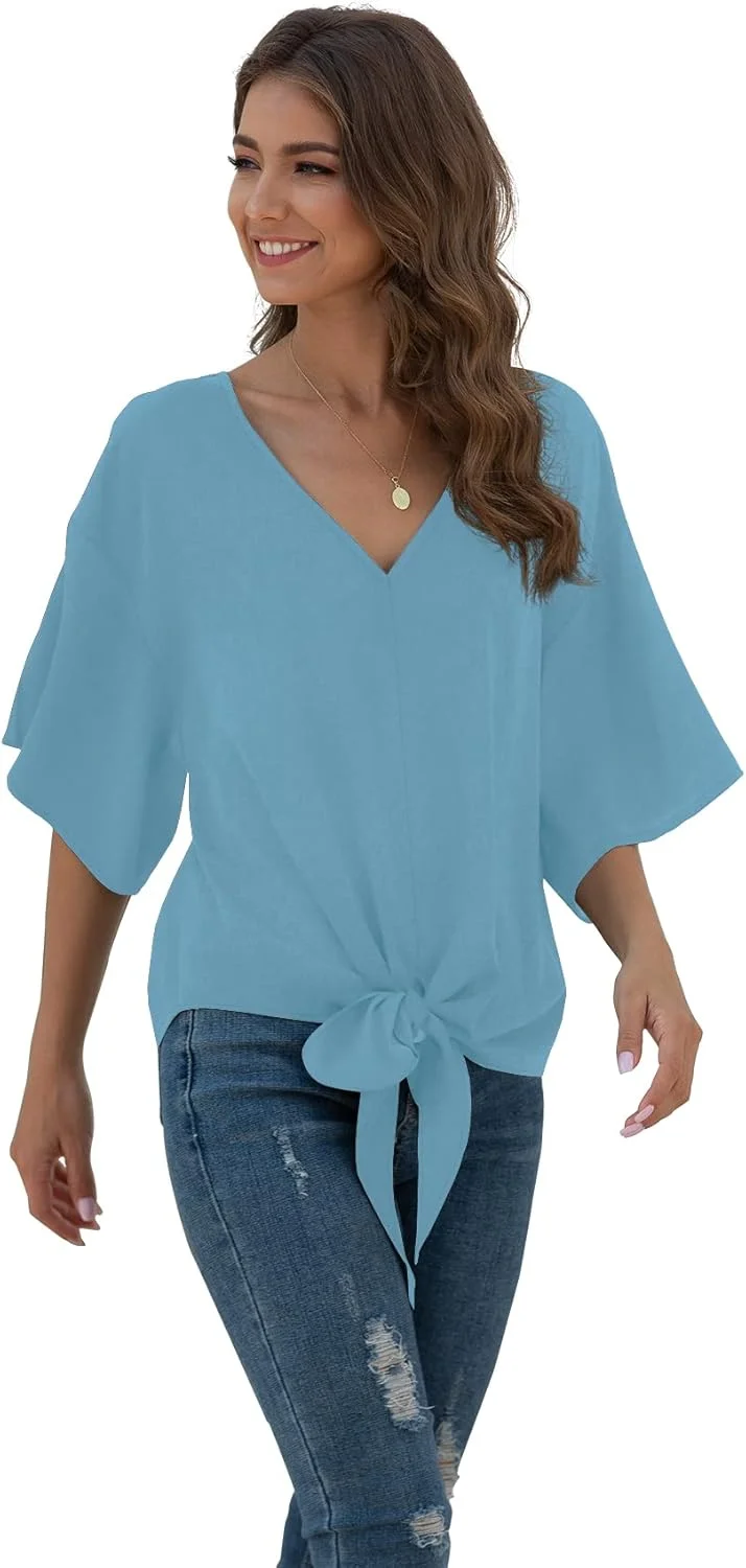 Jouica بلوزهای زنانه کرپ حریر گره ای جلو یقه هفت آستین خفاشی آستین کوتاه تاپ و شومیز تابستانی