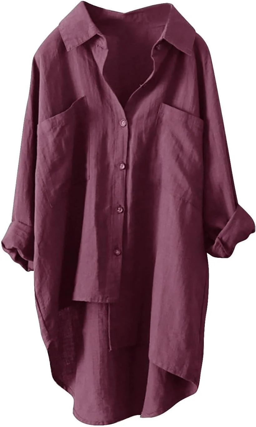 JOFOW پیراهن لینن سفید زنانه، تاپ های لینن زنانه، تاپ های لینن سایز بزرگ، بلوزها و پیراهن های دکمه دار زنانه