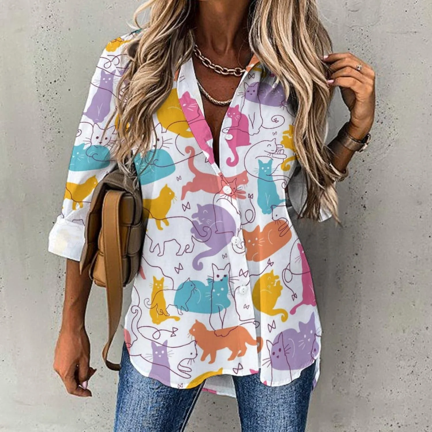 JOJOART بلوز دکمه دار زنانه با طرح نوشته خنده دار، آستین بلند، مدل نامتقارن و گشاد