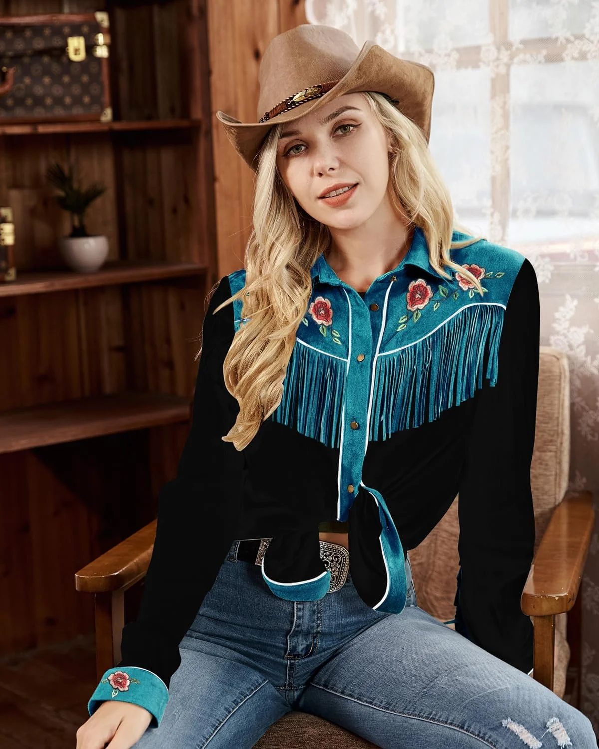 پیراهن آستین بلند زنانه وسترن منگوله دار جان مون، بلوز شکت دکمه دار گلدوزی شده طرح گل، مناسب استایل کابویی و رودئو