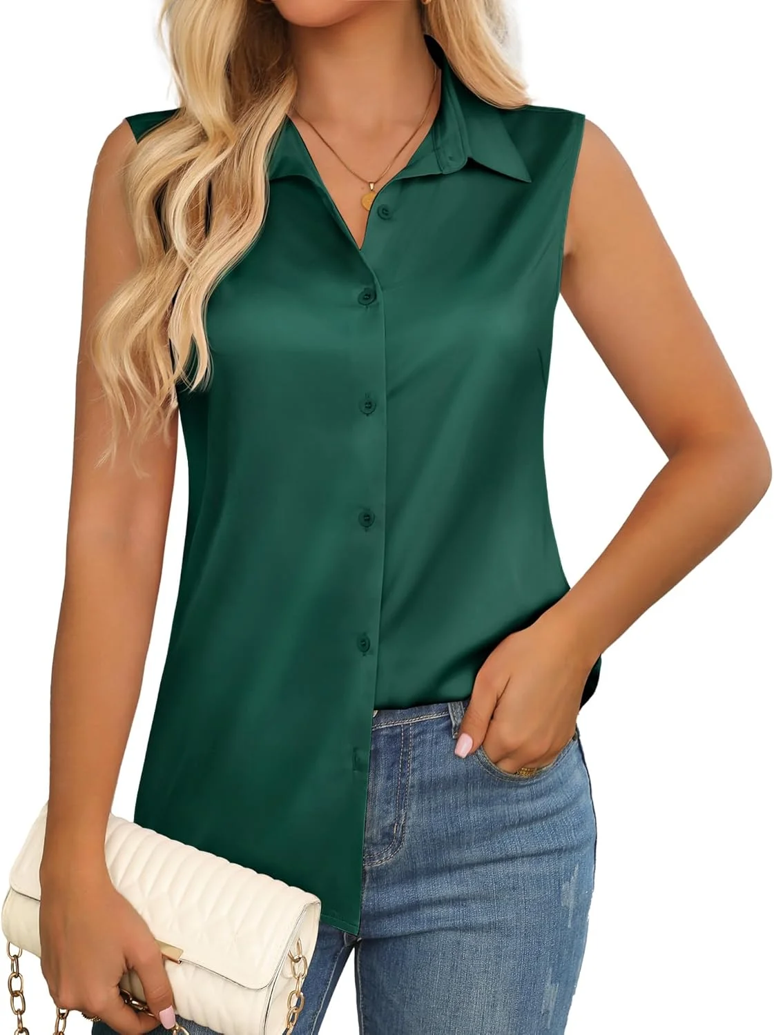JMITHA تاپ های زنانه دکمه دار بدون آستین، بلوزهای ساتن، لباس های غیر رسمی کار، تاپ های تانک تابستانی زنانه 2025