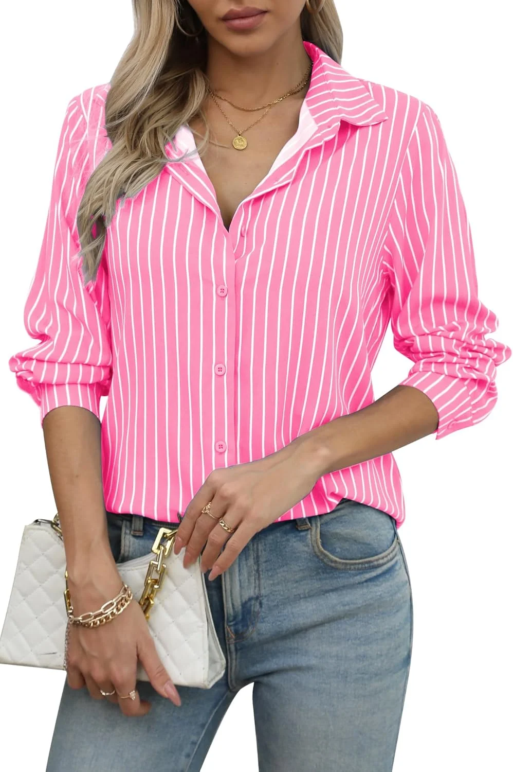 JMITHA بلوز دکمه دار زنانه، پیراهن، تاپ زنانه، بلوز آستین بلند، لباس مجلسی غیر رسمی مناسب کار در دفتر، پیراهن راه راه