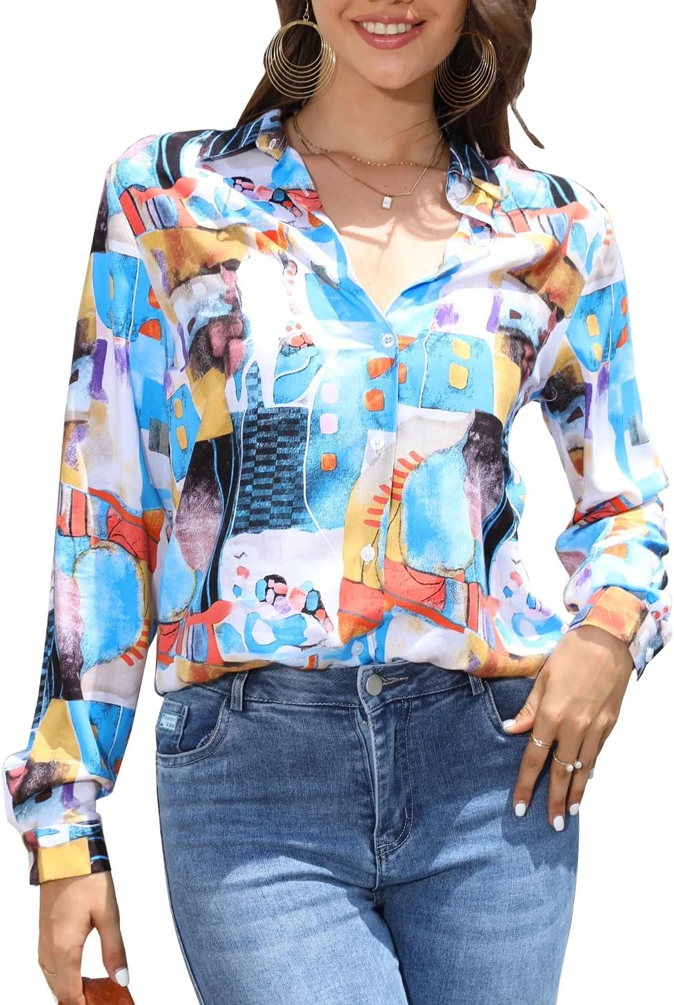 JMITHA تاپ های زنانه مد روز برای زنان، بلوز و پیراهن های دکمه دار، تاپ های آستین بلند دکمه دار