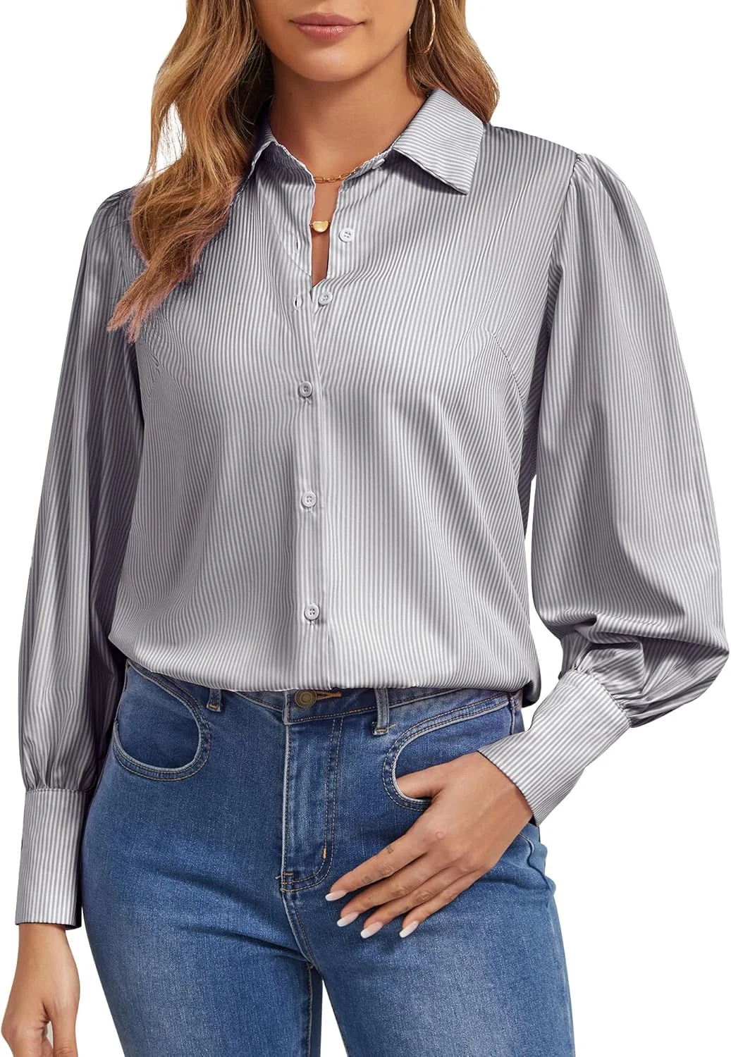 JMITHA پیراهن راه راه نرم زنانه دکمه دار آستین بلند یقه دار پیراهن مجلسی بلوز تاپ مناسب کار اداری روزمره
