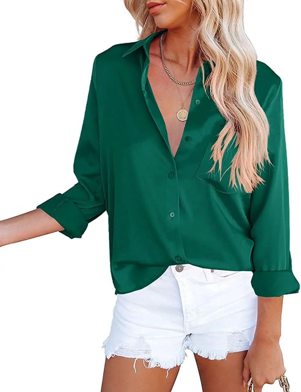 Jiuhexuj بلوز زنانه دکمه دار ساتن یقه هفت آستین بلند مناسب کار با جیب، سبز تیره، L