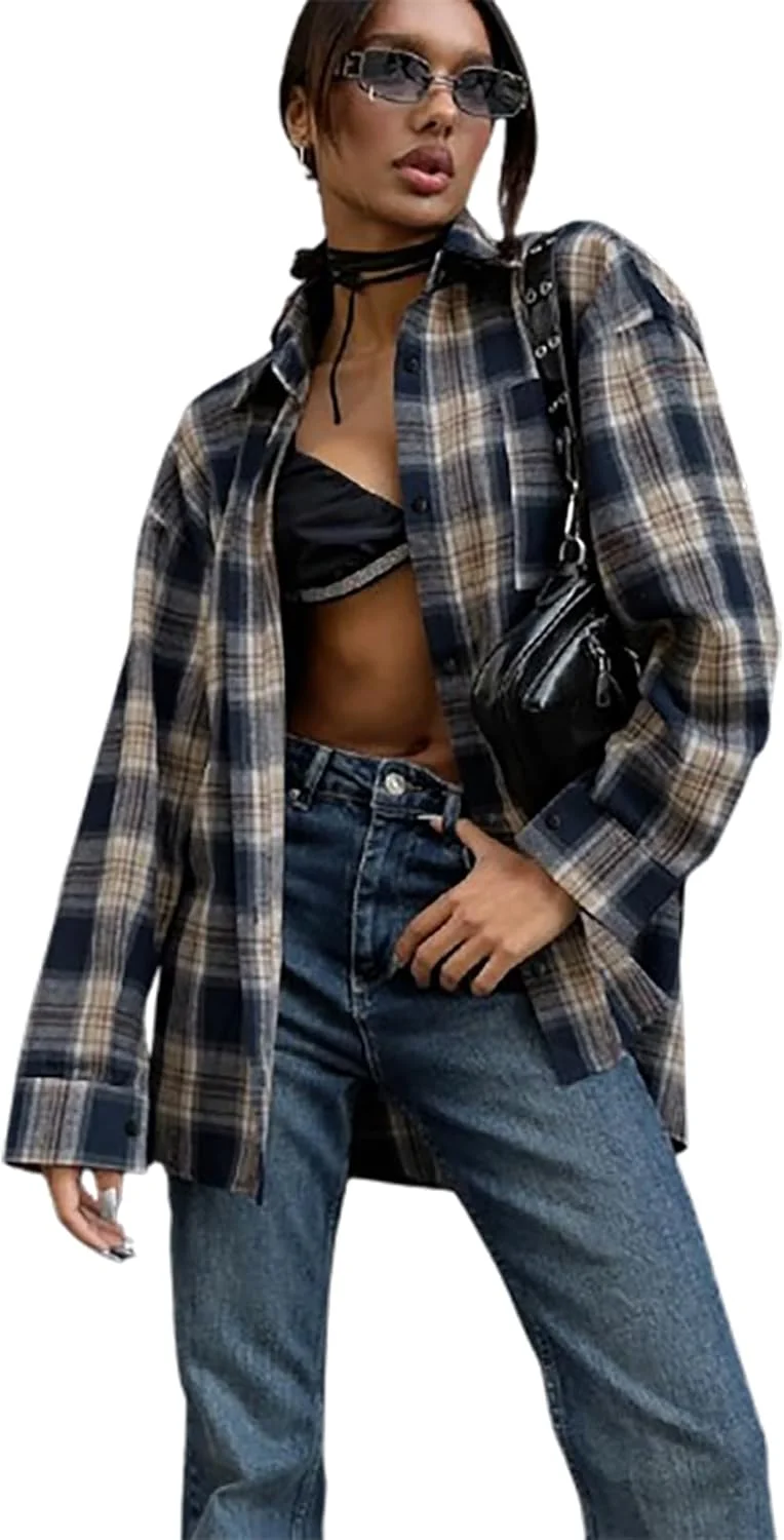 پیراهن زنانه دکمه دار جین دالی، آستین بلند، طرح چهارخانه، مناسب استایل رسمی و غیر رسمی