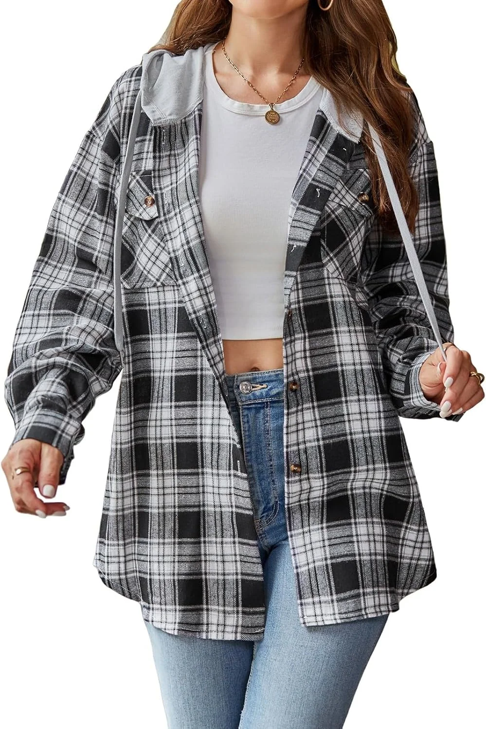 پیراهن چهارخانه کلاه دار زنانه آستین بلند دکمه دار Flannel Shacket ژاکت سبک وزن بند دار تاپ های بزرگ سایز لباس بیرونی