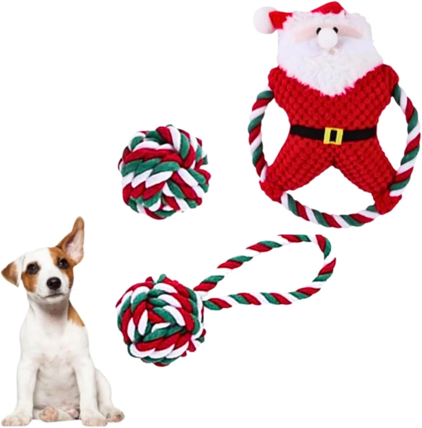 پتساری (ست 3 عددی) اسباب بازی سگ کریسمس شامل فریزبی طرح بابانوئل، توپ طنابی و طناب پرتاب - پولیشی صدادار مناسب جویدن تهاجمی، دندان درآوردن و تعامل - طناب گره دار رنگارنگ کریسمس برای تمیز کردن/آموزش هدیه