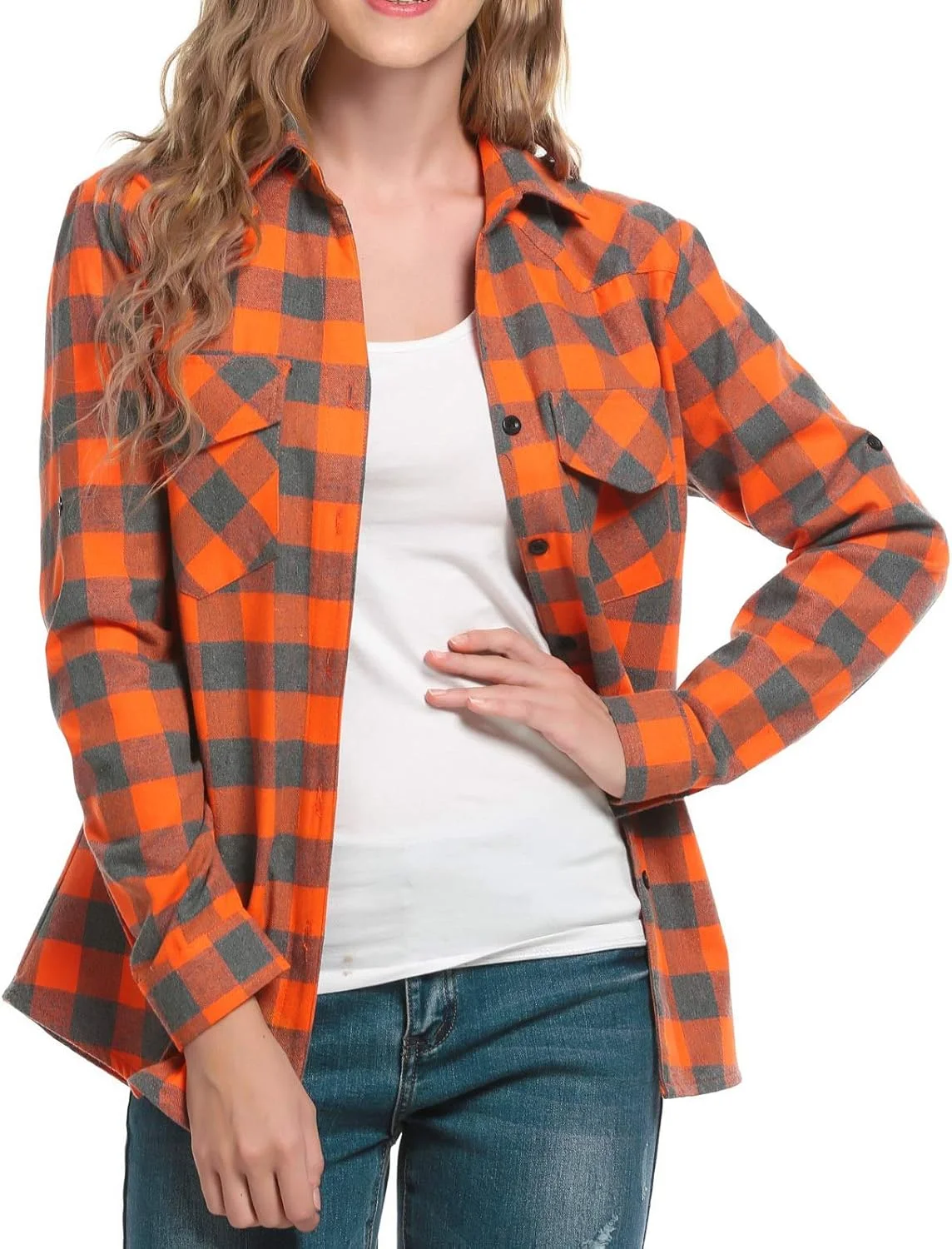 Jhsnjnr بلوز زنانه آستین بلند یقه دار دکمه دار طرح چهارخانه، رنگ نارنجی