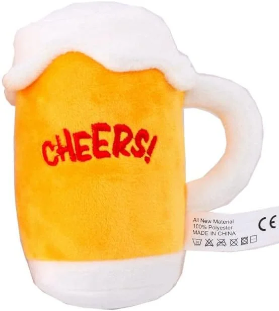 اسباب بازی جویدنی سگ طرح ماگ آبجو PETSARY - اسباب بازی سگ ماگ مخملی صدادار طرح آبجو - اسباب بازی تمیز کننده دندان طرح بطری شراب - دندان گیر نرم و ضد گاز گرفتن - اسباب بازی کششی فنجانی برای سگ های کوچک و متوسط