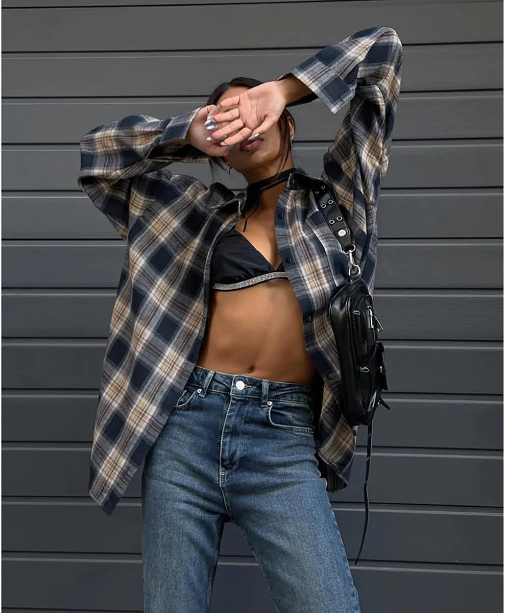 پیراهن زنانه دکمه دار جین دالی، آستین بلند، طرح چهارخانه، مناسب استایل رسمی و غیر رسمی