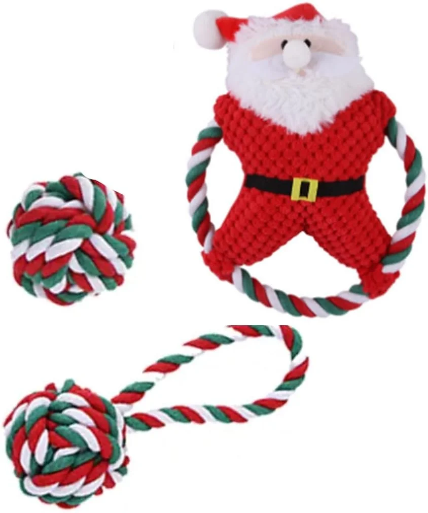 پتساری (ست 3 عددی) اسباب بازی سگ کریسمس شامل فریزبی طرح بابانوئل، توپ طنابی و طناب پرتاب - پولیشی صدادار مناسب جویدن تهاجمی، دندان درآوردن و تعامل - طناب گره دار رنگارنگ کریسمس برای تمیز کردن/آموزش هدیه
