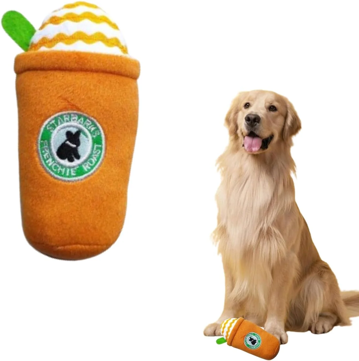 اسباب بازی سگ فنجانی قهوه استارباکس فرنچی رست PETSARY - طراحی منحصر به فرد تقلیدی با صدای جیر جیر - اسباب بازی پولیشی نرم و مقاوم در برابر گاز گرفتن برای دندان درآوردن - فنجان توله سگ کوچک متوسط برای همه نژادها - قهوه ای