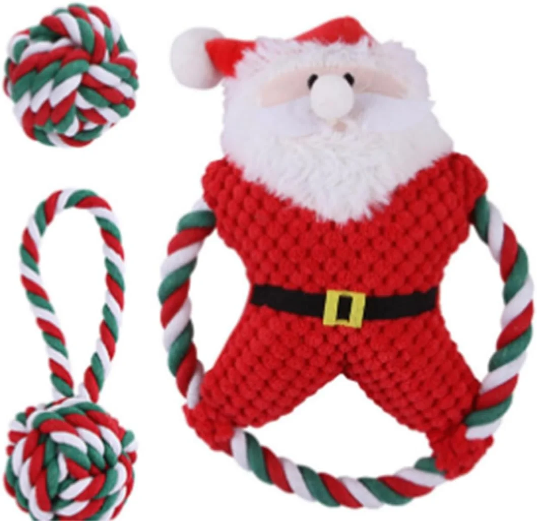 پتساری (ست 3 عددی) اسباب بازی سگ کریسمس شامل فریزبی طرح بابانوئل، توپ طنابی و طناب پرتاب - پولیشی صدادار مناسب جویدن تهاجمی، دندان درآوردن و تعامل - طناب گره دار رنگارنگ کریسمس برای تمیز کردن/آموزش هدیه